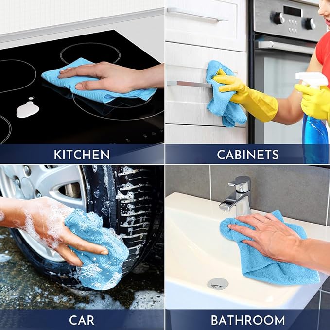 GLIMGLINT Blue Microfiber Cleaning Cloth,150PK Reusable Cleaning Rags,Highly Absorbent Shop Rags Bulk,All-Purpose Car Cleaning Towels for TV Screen, Kitchen, Bathroom, Restaurant, Garage, 14"X12"