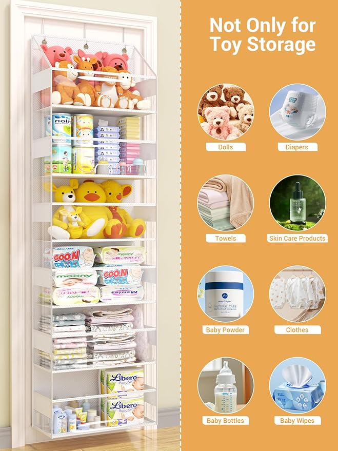 Over Door Storage Organizer, Stuffed Animal Storage, Hanging Organizer for Stuffies, 6 Shelves, Behind Door Storage for Bedroom, Nursery, Dorm Room, 1 Pack, Clear White