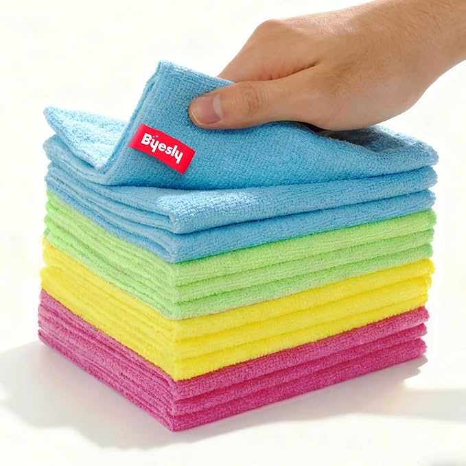 12-Pack Microfiber Cleaning Cloth, 11.5x11.5 Microfiber Towels for Cars, Dishes & House, For Detailers, Chefs & Efficient Home | Scratch-Free, Lint-Free, Ultra Absorbent(Green/Blue/Yellow/Pink)