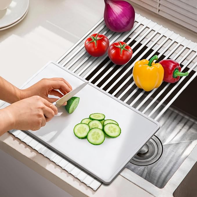 Roll Up Dish Drying Rack - Over The Sink, Multipurpose Foldable Sink Drying Mat, Heat-Resistant, Anti-Slip & Anti-Rust, 17" x 13", White