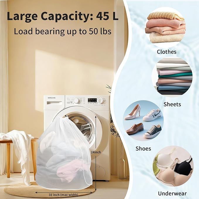 2-Pack Drawstring Mesh Laundry Bags, 24x31 Inches, Extra-Large Heavy Duty Laundry Net Bag, Breathable Mesh for Delicates, Protect Clothes in Washing Machine, Travel/Dorm/Sports/Family, White, Washable