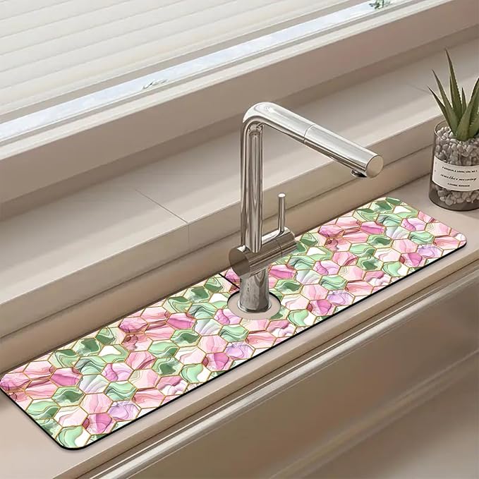 Sink Splash Guard Faucet Mat Abstract Pink and Green Hexagon Texture Absorbent Fast Drying Mat Sink Gadgets Splash Guard Behind Faucet Drip Catcher for Kitchen Bathroom 23.5"X5.5"
