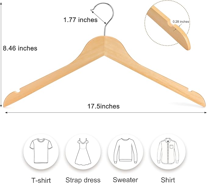 TOPIA HANGER Wooden Hangers 48 Pack, 0.28-inch Slim & Durable Clothes Hangers Space Saving, Natural Wood Hanger with 360°Swivel Hook and Shoulder Notches for Coat,Shirt, Camisole, Dress-CT51N48