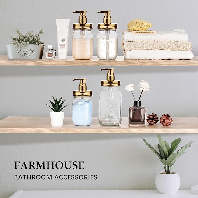 Amolliar Plastic Mason Jar Soap Dispenser with Pump Lid,16OZ Refillable BPA-Free Hand Soap Dispenser Set with Cute Lables - for Kitchen/Bathroom, Liquid Soap, Dish Soap, Lotion (2 Pack, Gold)