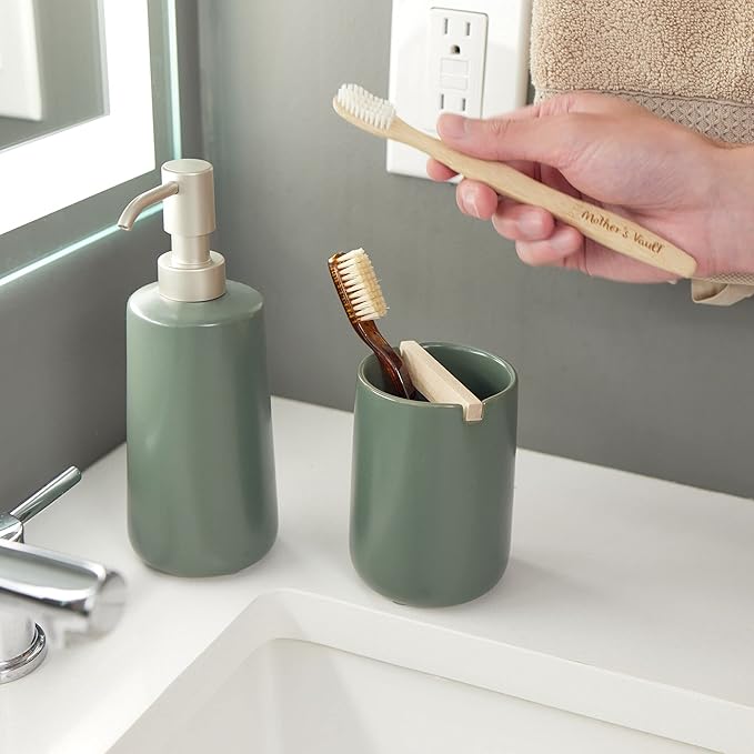 iDesign Ceramic Earth Collection Toothbrush Holder with Paulownia Wood Divider, Moss/Natural Wood