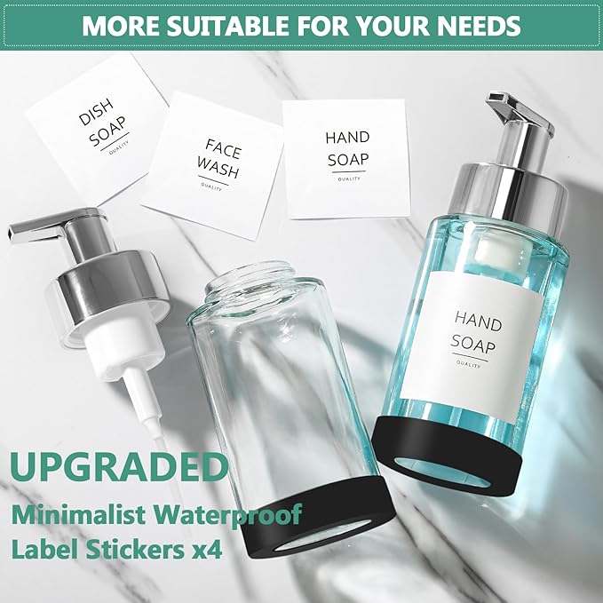 Glass Soap Dispenser, 10 oz/300ml Foaming Soap Dispenser, 2 Pack Foaming Hand Dispenser with 2 Non-Slip Silicone Bottom Sleeve, Clear Refillable Foam Soap Bottle with Silver Pump