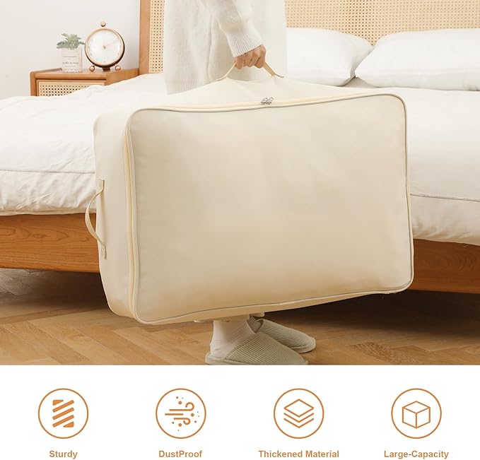 Surblue Clothing Storage Bags Clothes Organizer with Reinforced Handle Foldable Under Bed Storage Bags for Blankets Comforters Quilt Bedding Pillow Toy,3Pcs, Beige