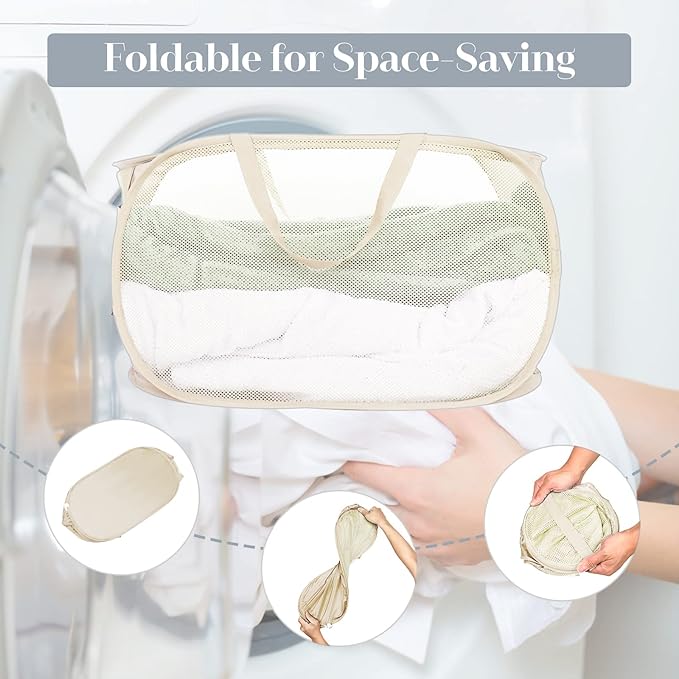 2 Pcs Durable Collapsible Laundry Baskets - Reinforced Mesh Pop Up Laundry Hamper with Pocket, Foldable Dirty Clothes Hamper with Carry Handles for Laundry, Bathroom, Kids Room, Dorm or Travel Beige