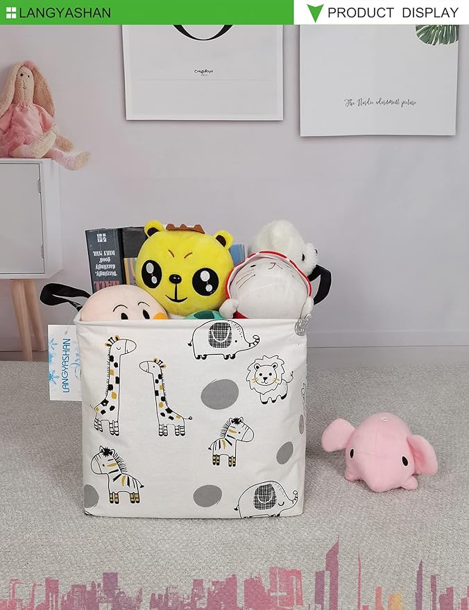 LANGYASHAN Square Storage Baskets Waterproof Canvas Children Laundry Nursery Hamper for Shelves Gift Baskets Toy Organizer Room Decor (Square full animal)