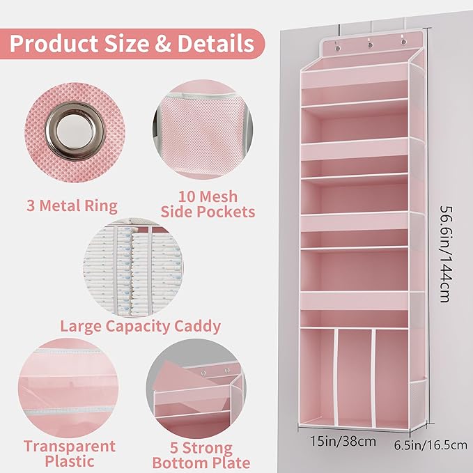 1 PC Pink Over the Door Organizer with 1 Large Capacity Caddy, 4 Shelf & 10 Mesh Side Pockets, Pink Stuff Hanging Storage and Girl Essentials Closet Organizer for Cute Room, Bedroom