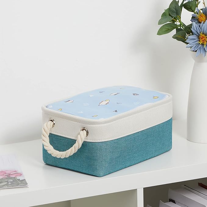 Bidtakay Fabric Baskets for Organizing Closet Set of 6 Small Storage Bins 11.8 X 7.8 X 5 Inches Decorative Storage Baskets for Shelves Foldable Bins for Cube Organizer Rectangular(White&Teal Blue)