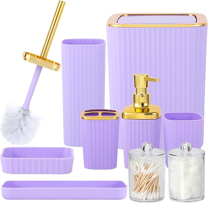 Bathroom Accessory Set,9 Pieces Purple Bathroom Accessories Set with Trash Can, Toothbrush Holder, Soap Dispenser, Toothbrush Cup, Vanity Tray, Soap Dish, Toilet Brush, Qtip Holder