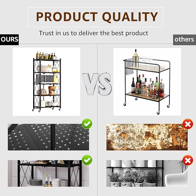 Heavy Duty 5-Tier Foldable Storage Shelf with Locking Wheels, No Assembly Metal Shelving Unit, Space-Saving Organizer for Garage, Kitchen, Basement, Pantry, 28" x 14" x 62", Black (2)