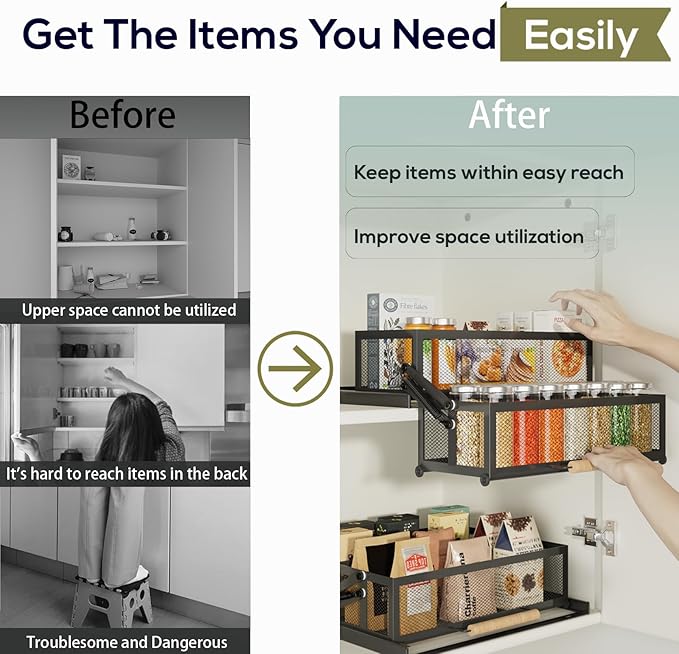 HOUSE AGAIN 2 Tier Pull Out&Down Cabinet Organizer, Drop Down Spice Rack Shelf Easy Reach for Upper Kitchen Cabinet, Slide Out Storage Basket Drawer with Handle for Pantry/Cupboard/Office, 2 Fix Mode