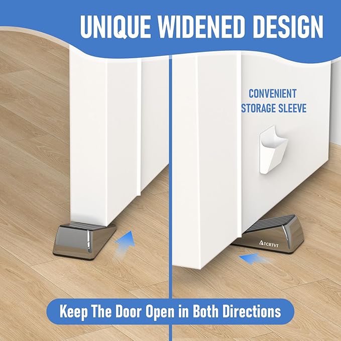 Heavy Duty Door Stopper Wedge - 1 Pack Widened Door Stop Wedge Made of Premium Quality Brushed Stainless Steel Suits Any Door, Any Floor with Set of 2 Plus Self-Adhesive Holder