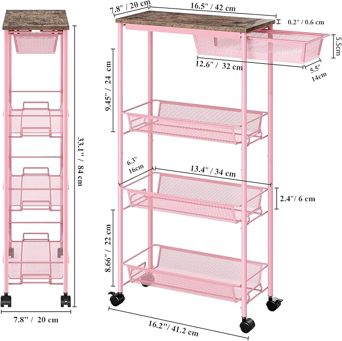 KINGRACK 4-Tier Slim Storage Cart, Metal Rolling Cart, Organizer with Wooden Tabletop and Drawer Basket, Mobile Shelving Unit for Kitchen, Bathroom, Laundry Room, Pink