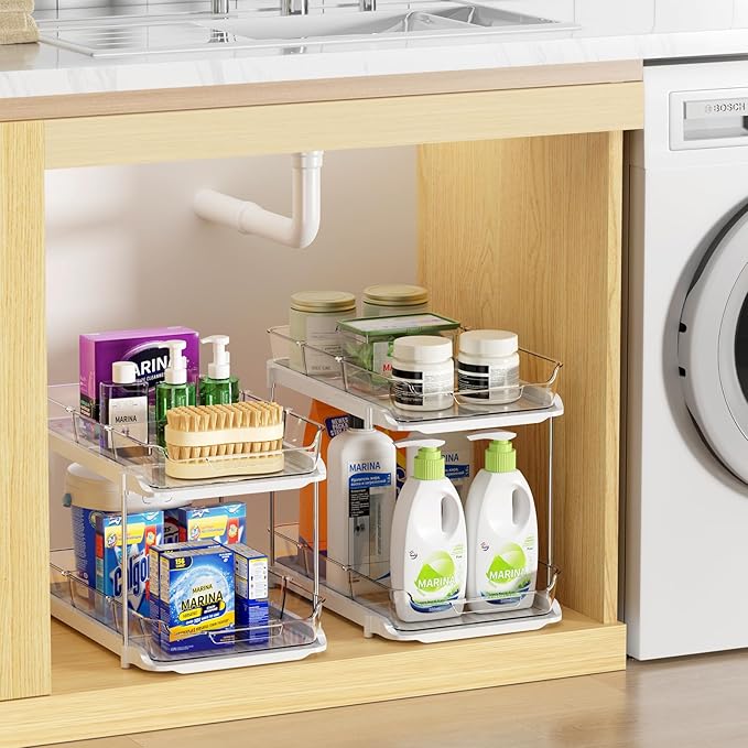 LAMU 2 Pack Bathroom Organizers and Storage, 2-Tier Stackable Under Sink Storage with Pull-Out Drawers & Dividers, Medicine Cabinet Organizer for Kitchen Pantry Organization