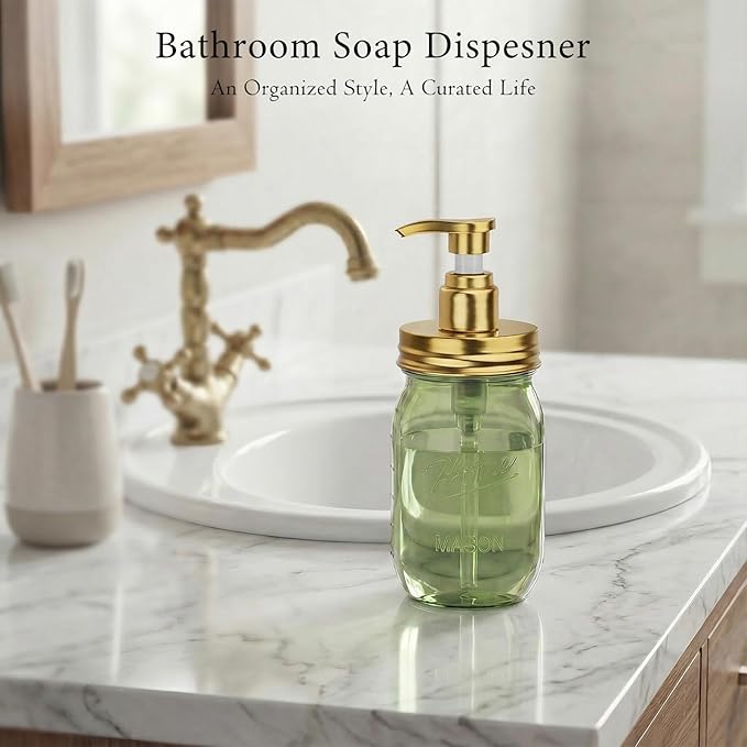 Amolliar Plastic Mason Jar Soap Dispenser with Pump Lid,16OZ Refillable Hand Soap Dispenser Set with Cute Lables - Farmhouse Decor for Kitchen Bathroom, Liquid Soap, Dish Soap, Lotion (2 Pack, Green)