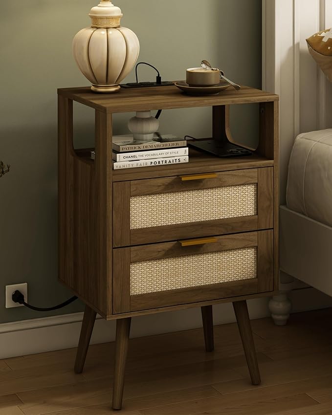 Veegle Rattan Nightstand with Charging Station,Modern Bedside Table with 2 Storage Drawer and Open Wood Shelf, for Bedroom and Small Spaces,Night Stand with Solid Wood Legs (Walnut Brown)