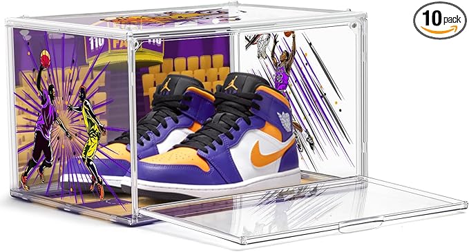 10 Pack Acrylic Shoe Box Size 14, Transparent Basketball Sneaker Case Shoe Orgainizer Storage Bins Clear Plastic Stackable Handbag Purse Hats Organizer Containers with Lids