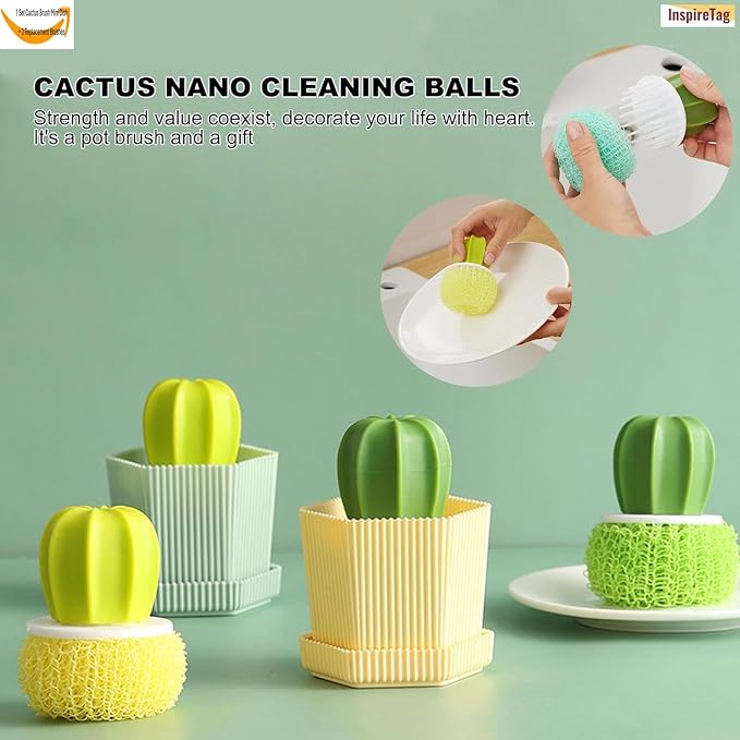 Kitchen Cleaning Brush Set with Holder & Drip Tray – 3 Head Cactus Scrub Brush, Row Brush, Mini Dish & Pot Brushes – Durable Multi-Purpose Scrubbers for Sink, Pans, Plates, Cups (Green)