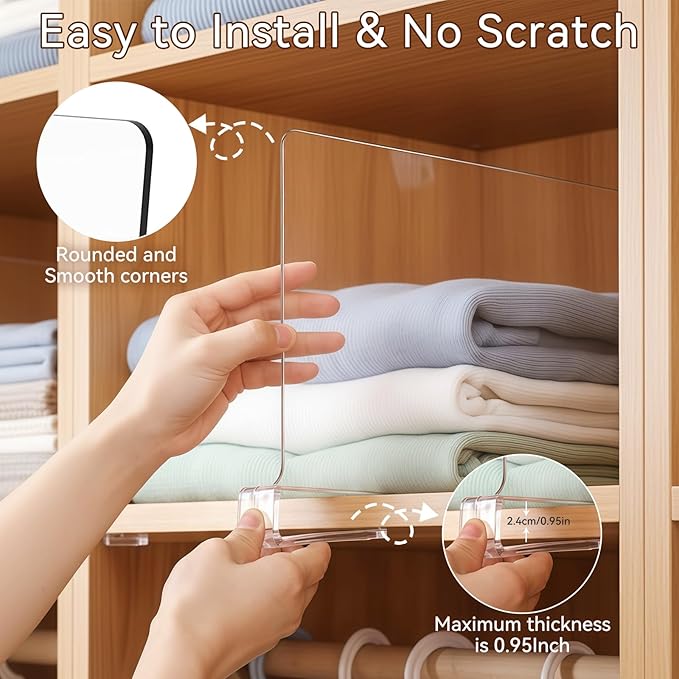 Ninonly 8 Pack Acrylic Shelf Dividers, Vertical Clear Closet Organizers and Storage for Sweaters, Shirts, Handbags, Bookshelf & Pantry Organization, Multi-Purpose Shelf Organizer for Bedroom Kitchen