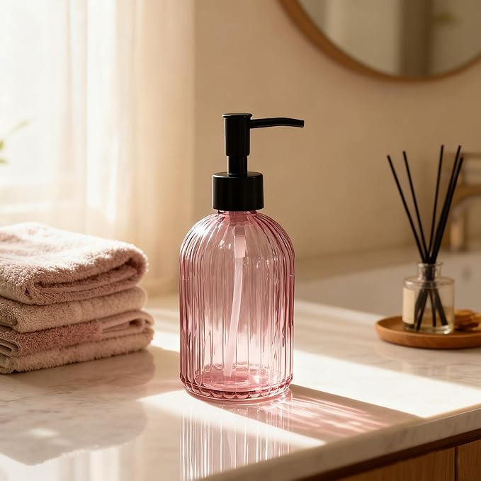 Black Pump Glass Soap Dispenser, 13.5oz Stripe Countertop Refillable Liquid Bottle Hand Dish Lotion Dispenser with Plastic Pump, for Kitchen, Bathroom Countertop