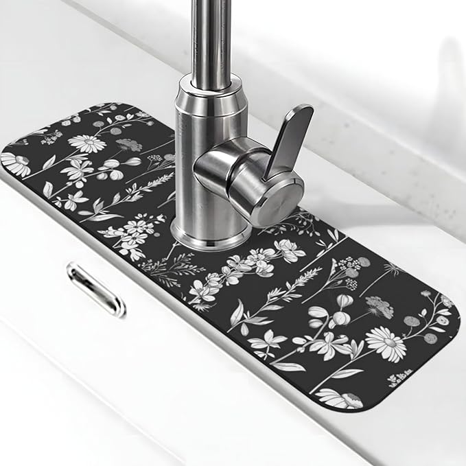 Faucet Draining Mat For Kitchen Sink, Wildflowers Plants Diatom Mud Absorbent Drain Pad For Bathroom Kitchen Sink Splash Guard Drying Mat
