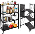 Lanstics 4 Tier Foldable Folding Shelves Heavy Duty Storage Shelving with Wheels Metal Shelf Standing Shelves Units for Home Kitchen Living Room Black