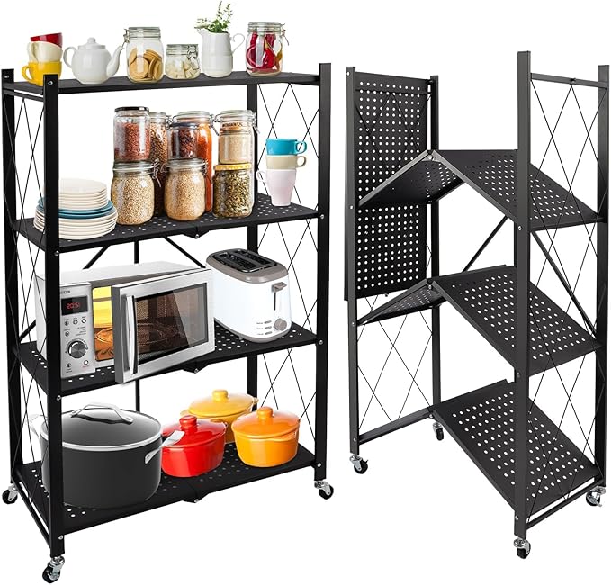 Lanstics 4 Tier Foldable Folding Shelves Heavy Duty Storage Shelving with Wheels Metal Shelf Standing Shelves Units for Home Kitchen Living Room Black