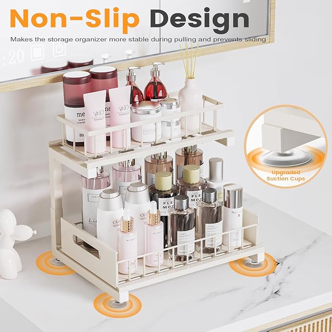 Under Sink Organizer, Heavy Duty Metal Pull Out Cabinet Organizer Slide Out Sink Shelf Organizer Height Adjustable, Multi-Purpose Storage Shelf for Kitchen Bathroom(Sand,1Pack)