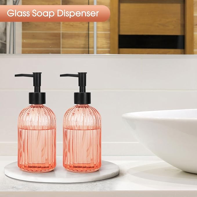 Topsky 2 Pack Glass Soap Dispenser with Black Plastic Pump, 400ml Liquid Hand Soap Dispenser, Rustproof Pump for Kitchen & Bathroom, Great for Lotions, Essential Oil, Liquid Soaps-Pinkish Orange