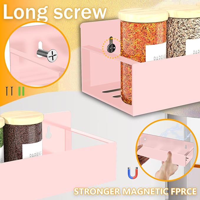 Magnetic Spice Rack Organizer for Fridge Seasoning Organizer for Kitchen storage with Screw Magnetic Shelf with Hook for Refrigerator and Oven (4pack1hook-Pink)