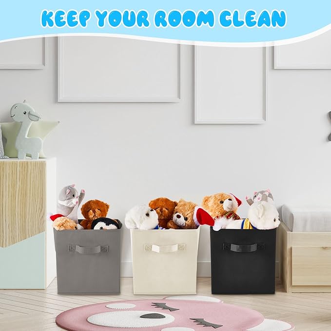 Yinder 12 Pcs Cube Storage Bin Grey 11'' Storage Bins for Playroom Decor Colorful Bins for Kids Foldable Baskets for Nursery Organizer Boxes Fabric Boxes