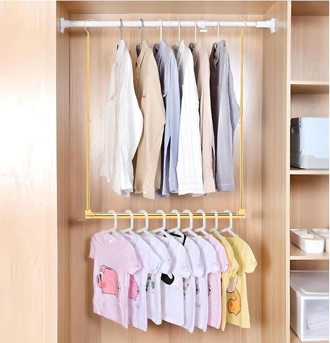 Adjustable Hanging Closet Rod, Extender Hanging Rod, Closet Hanging Organizer, Heavy Duty Closet Bar, Hanging Rod (Gold, 1 Pack)