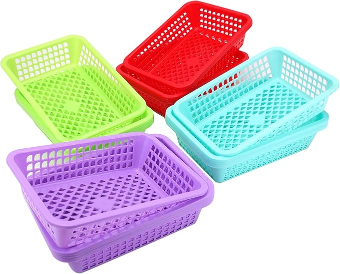 Jucoan 20 Pack Classroom Storage Baskets,10 x 7 x 2.5 Inch Colorful Stackable Desktop Plastic Storage Organizer Tray, Pen Pencil Paper Organizer Tray for School Office Library