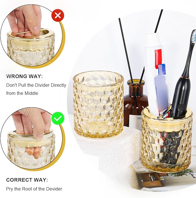 2pcs Amber Glass Toothbrush Holder, Bathroom Tumbler Cup and Toothpaste Holder Set, Gold Toothbrush Holders with Divider, Bathroom Tooth Brush Cup Organizer for Brushes,Toothpaste and Razor