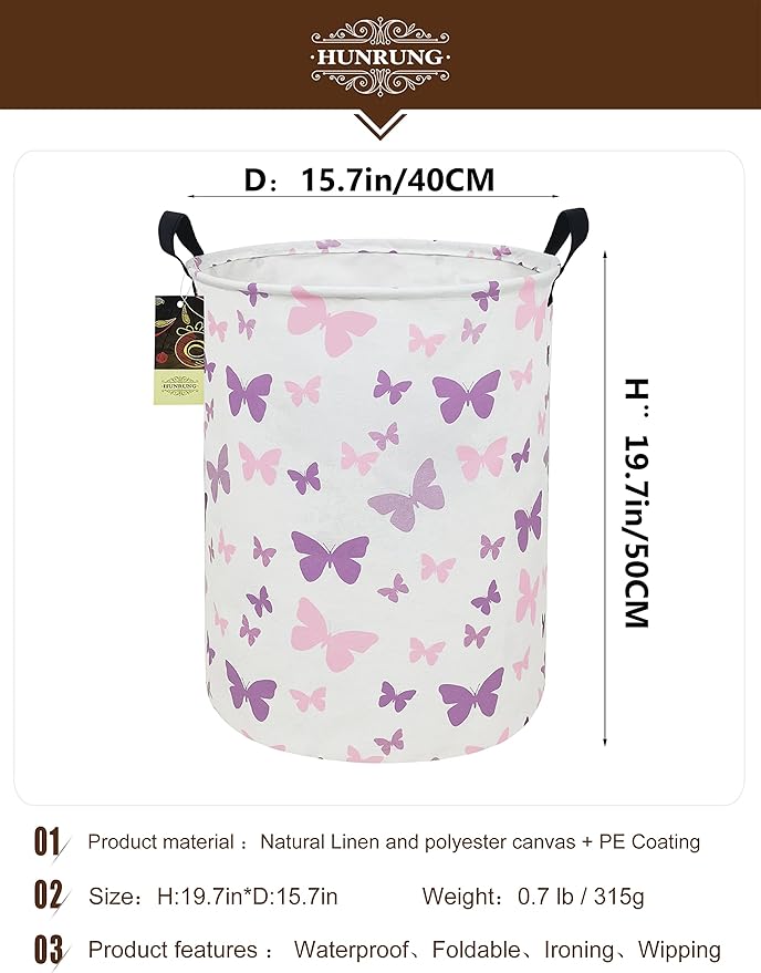 HUNRUNG Laundry Hamper,Large Canvas Fabric Lightweight Storage Basket Toy Organizer Dirty Clothes Collapsible Waterproof for College Dorms（Round-Butterfly）