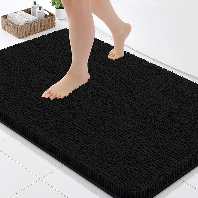 Arotive Bathroom Toilet Rugs U Shaped 24x24, Extra Soft Absorbent Shaggy Chenille Contour Bath Rugs for Toilet, Machine Washable Non-Slip Contoured Bath Mats, Black