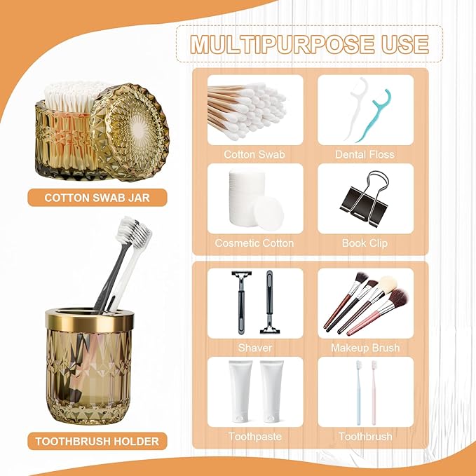 Brown Bathroom Accessories Set, 5Pack Clear Glass Bathroom Accessories, Includes Lotion Soap Dispenser, Toothbrush Holder, Qtip Holder and Soap Dish, Vintage Bathroom Decor