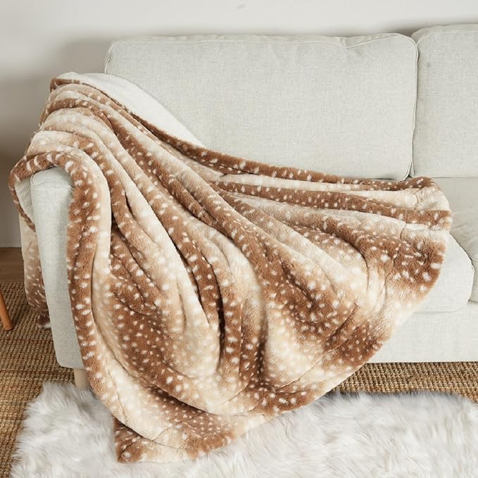 Luxury Faux Fur Blanket Deer Print, Waterproof Pet Blanket Washable, Woman Sofa Bed Couch Throw, Liquid Pee Proof for Large Dog or Cat, Reversible, Super Soft, 60x80 inch, Brown