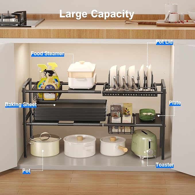 Pots and Pans Organizer Under Cabinet, Expandable 2 Tier Under Sink Organizers Storage Adjustable Height Kitchen Pot and Pan Lid Holder Rack with 6 Dividers(4panels,2baskets,1 Pot rack,Black)