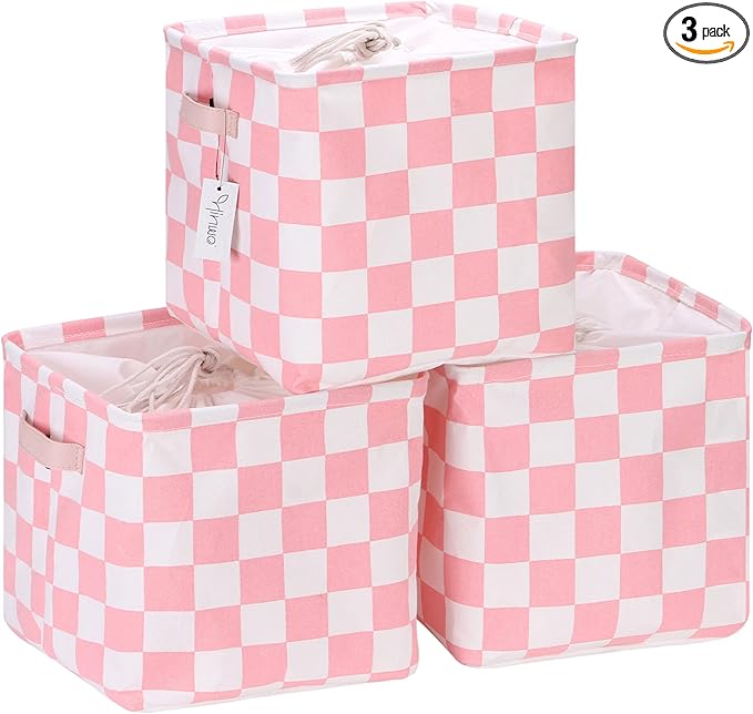 Hinwo 3-Pack Cubic Organizer Shelf Bins, Canvas Fabric Storage Baskets with Handles, 22L/5.8-Gal Square Storage Bins, Cubes, Collapsible Storage Box, 11 x 11 x 11 Inches (S, Pink Checkerboard)
