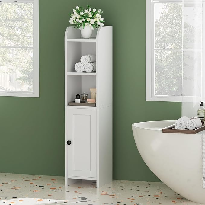 Homhedy Small Bathroom Storage Corner Floor Cabinet with Door and Shelves, Beside The Toilet Paper Stand for Skinny, Narrow Toilet Paper Cabinet, 7.9" D x 7.1" W x 31" H, White