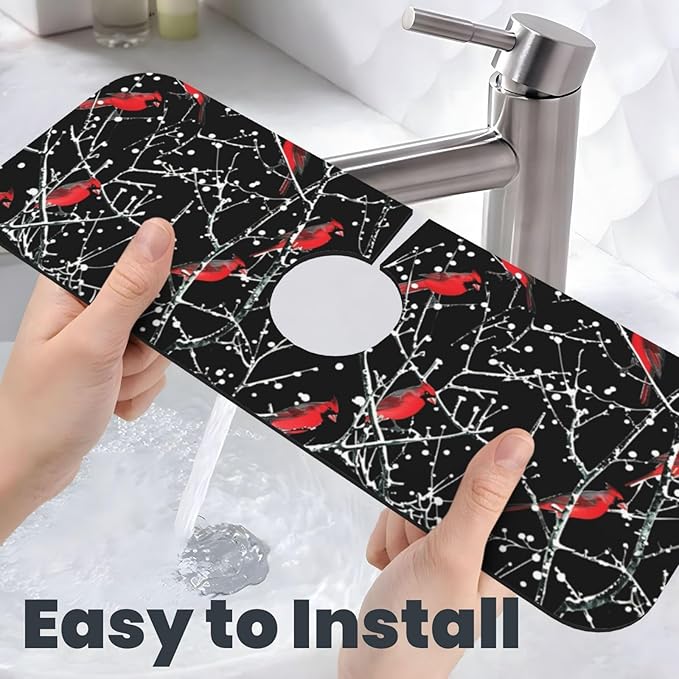 Faucet Draining Mat For Kitchen Sink, Red Bird Winter Red Cardinals Diatom Mud Absorbent Drain Pad For Bathroom Kitchen Sink Splash Guard Drying Mat