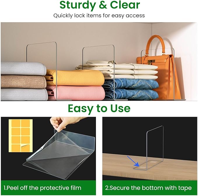 Jogori Shelf Dividers for Closet Organization: 8 Pack 10" Tall X 8.4" Deep Acrylic Clear Vertical Shelves Separators - Adhesive Adjustable Easy to Install Remove - Handbags/Clothes/Towel Storage