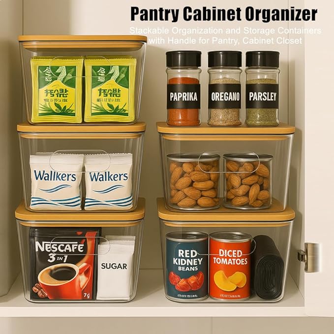 6 Pack Clear Storage Bins with Bamboo Lids, Stackable Organization and Storage Containers with Handle for Pantry, Cabinet, Closet, Fridge, Bathroom, Organizer Bins for Home & Kitchen