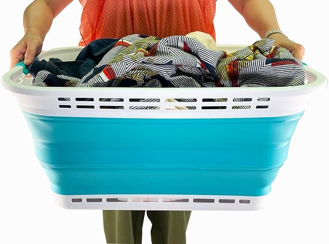 SAMMART 42L (11 Gallons) Collapsible Plastic Laundry Basket - Foldable Pop Up Storage Container/Organizer - Portable Washing Tub - Space Saving Hamper/Basket (White/Ceramic Blue)