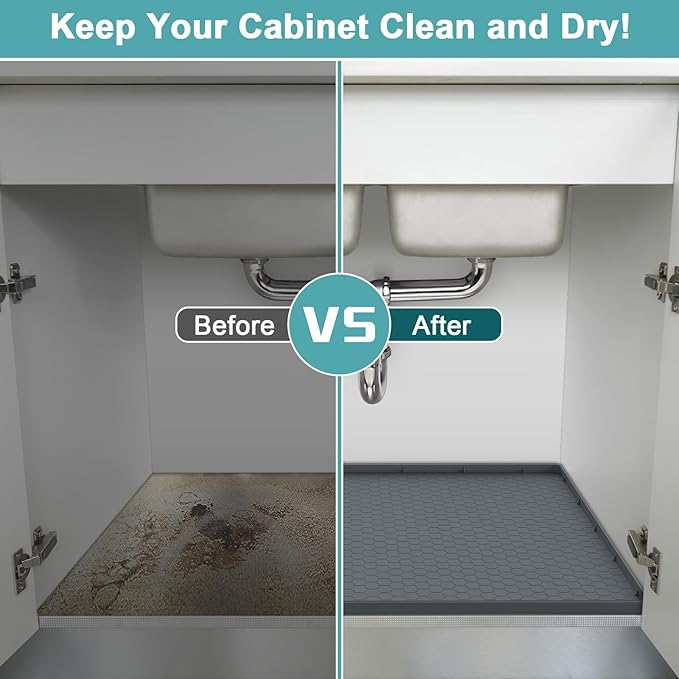 Under Sink Mats for Kitchen Waterproof 31" x 19", Silicone Under Kitchen Sink Mat for Bottom of Sink, Under The Sink Organizer for Kitchen and Bathroom Gray