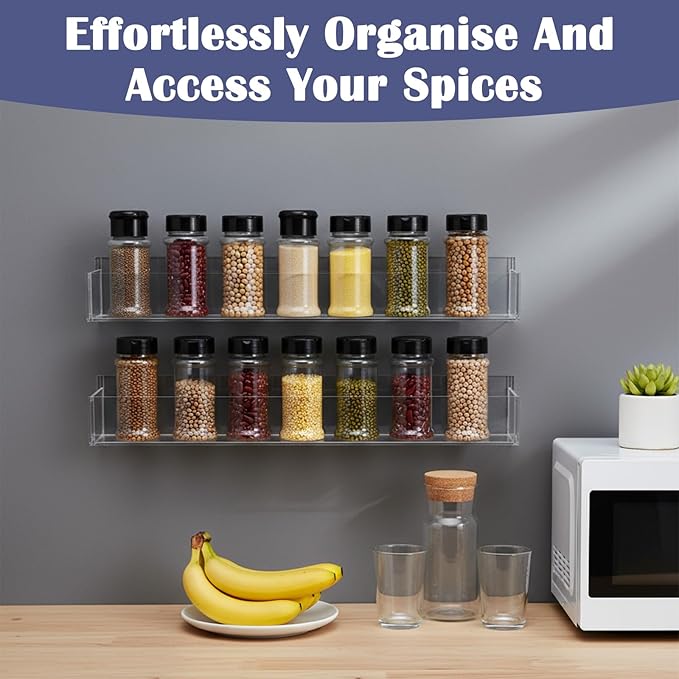 Adhesive Acrylic Spice Rack for Wall, 12 Inch Wall Mount Spice Rack with 2 Double Sided Tape, 4 Pack Hanging Seasoning Rack Organizer for Kitchen Cabinet Door/Pantry Door (Adhesive or Screw)